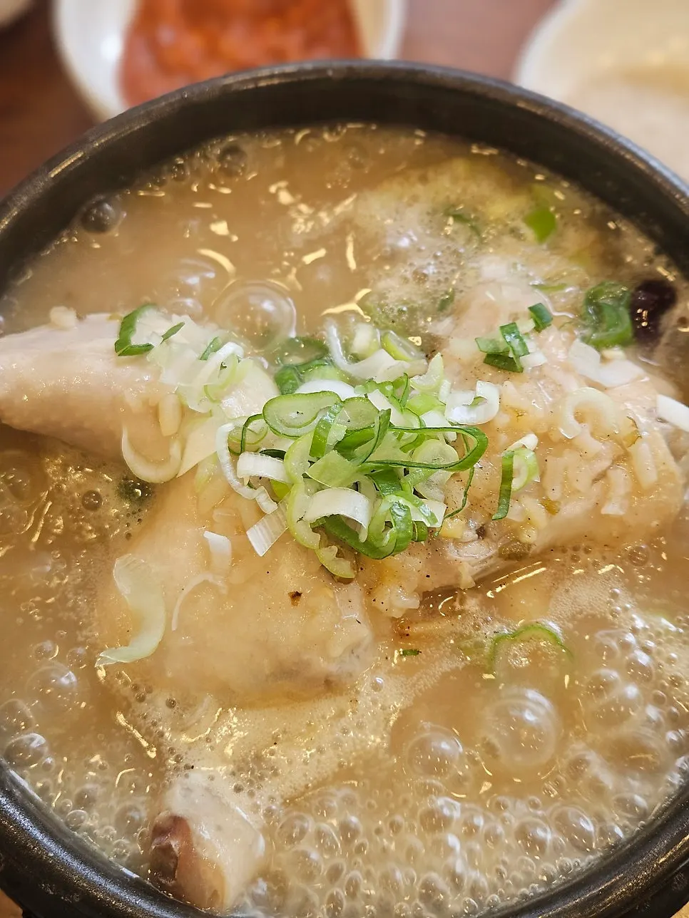A bowl of mung bean samgyetang set on the table