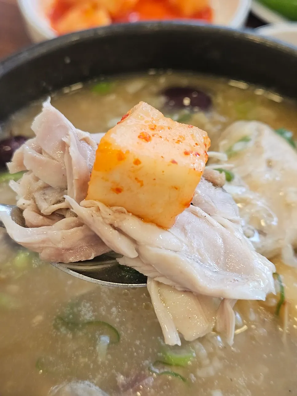 Finishing spread of samgyetang with side dishes