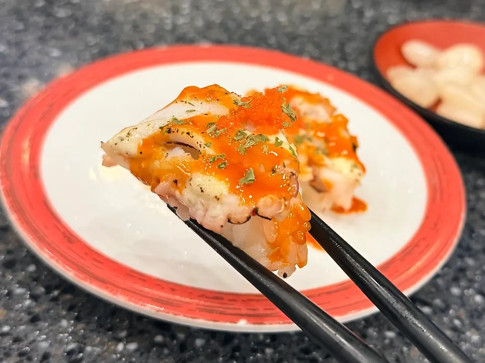 Close-up of sushi topped with thick fish