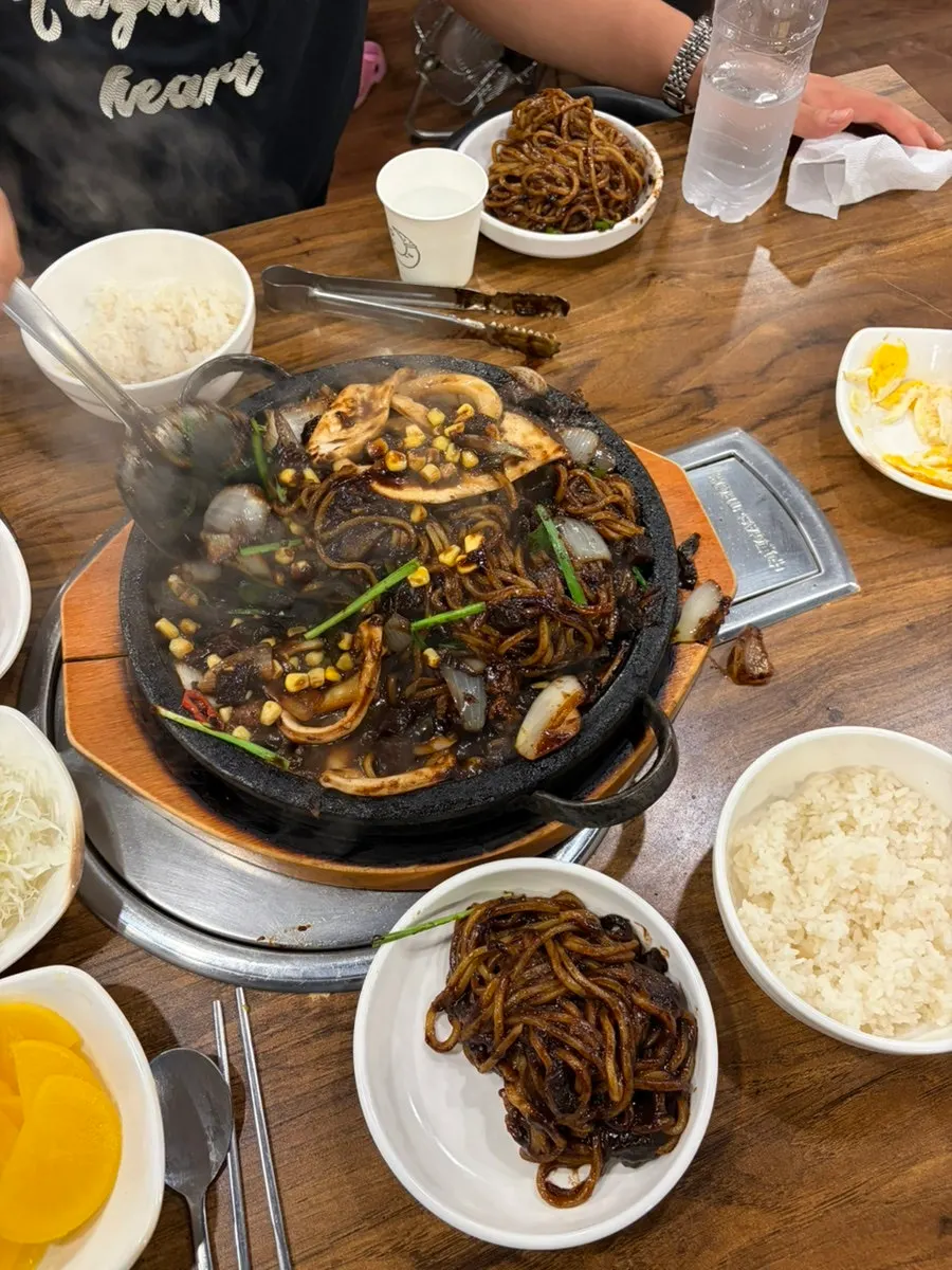 Stone jjajang noodles served onto a plate