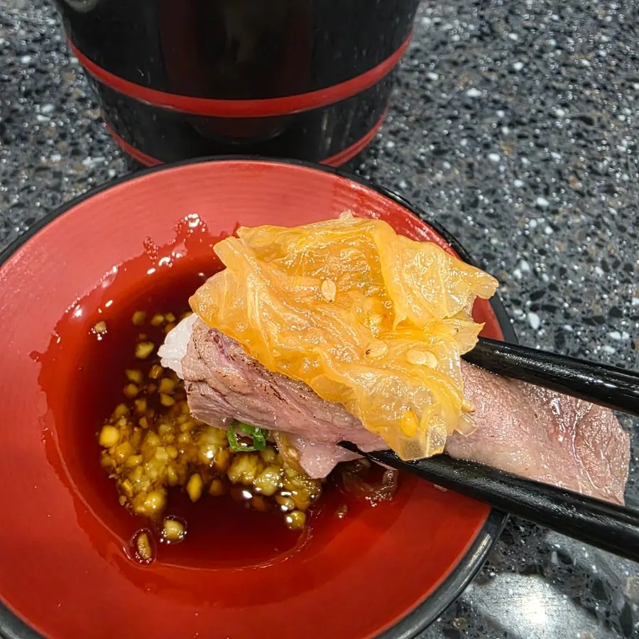 Aged kimchi beef steak sushi