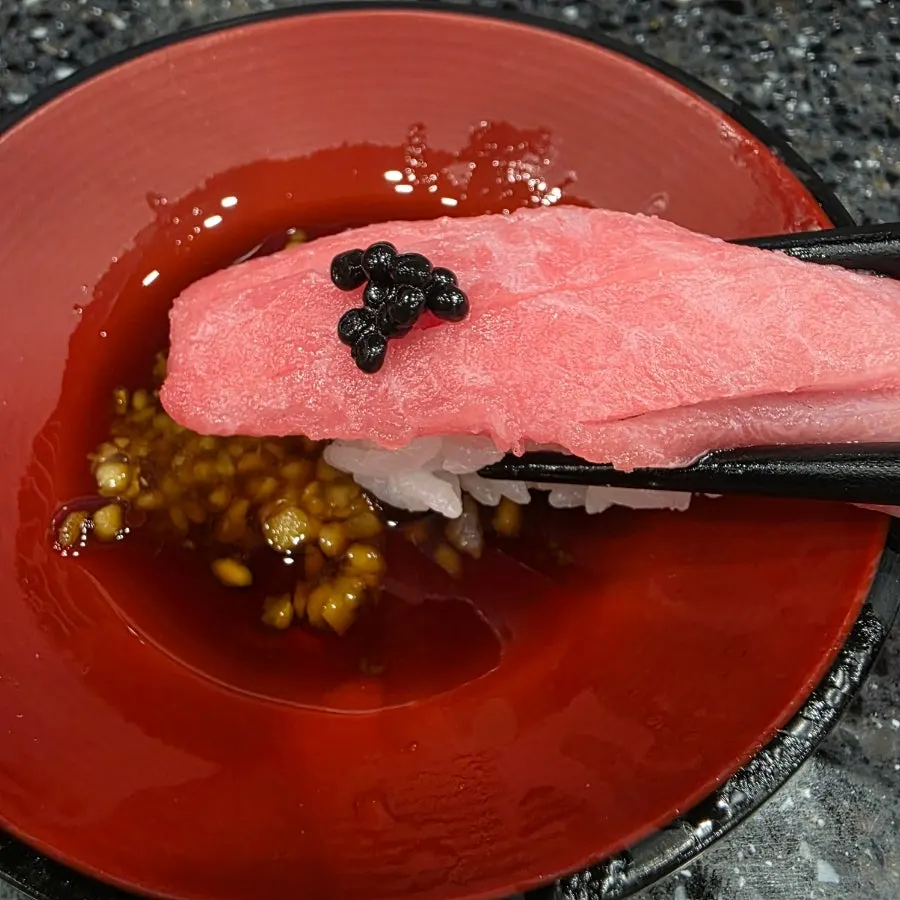 Close-up of soft tuna belly sushi