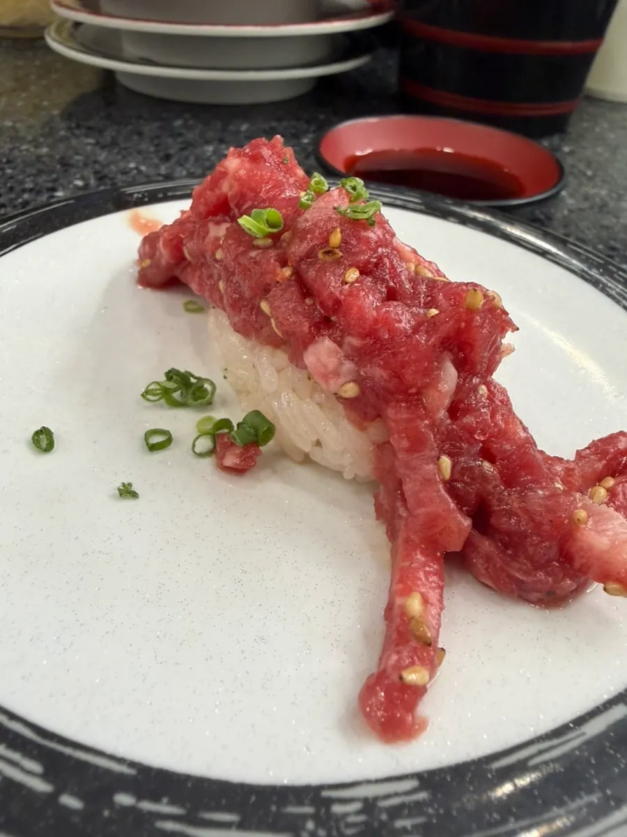 Raw beef sushi and shrimp sushi