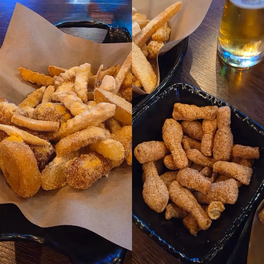 Complimentary snack of fries and assorted fried items