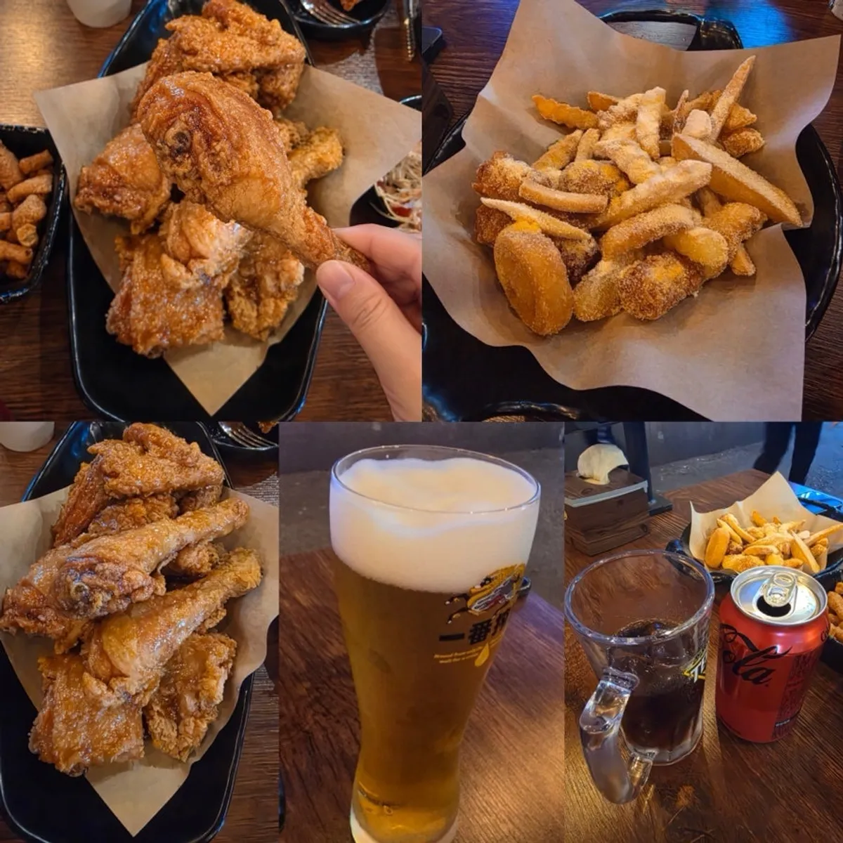 Table enjoying chicken and draft beer