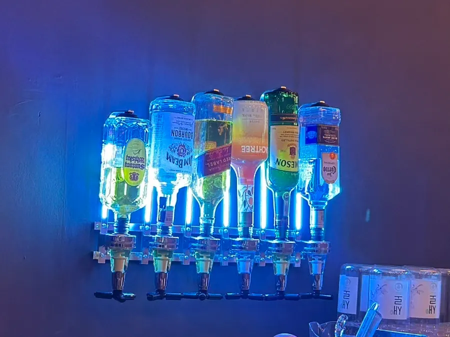 Display of soju and beer bottles
