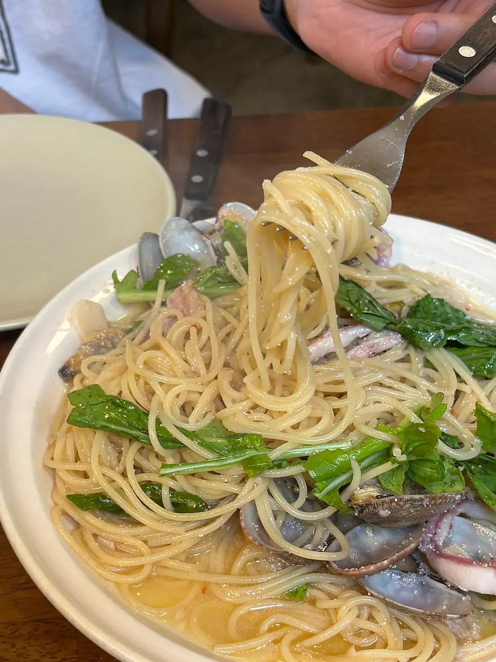 Pasta mixed with squid and other seafood