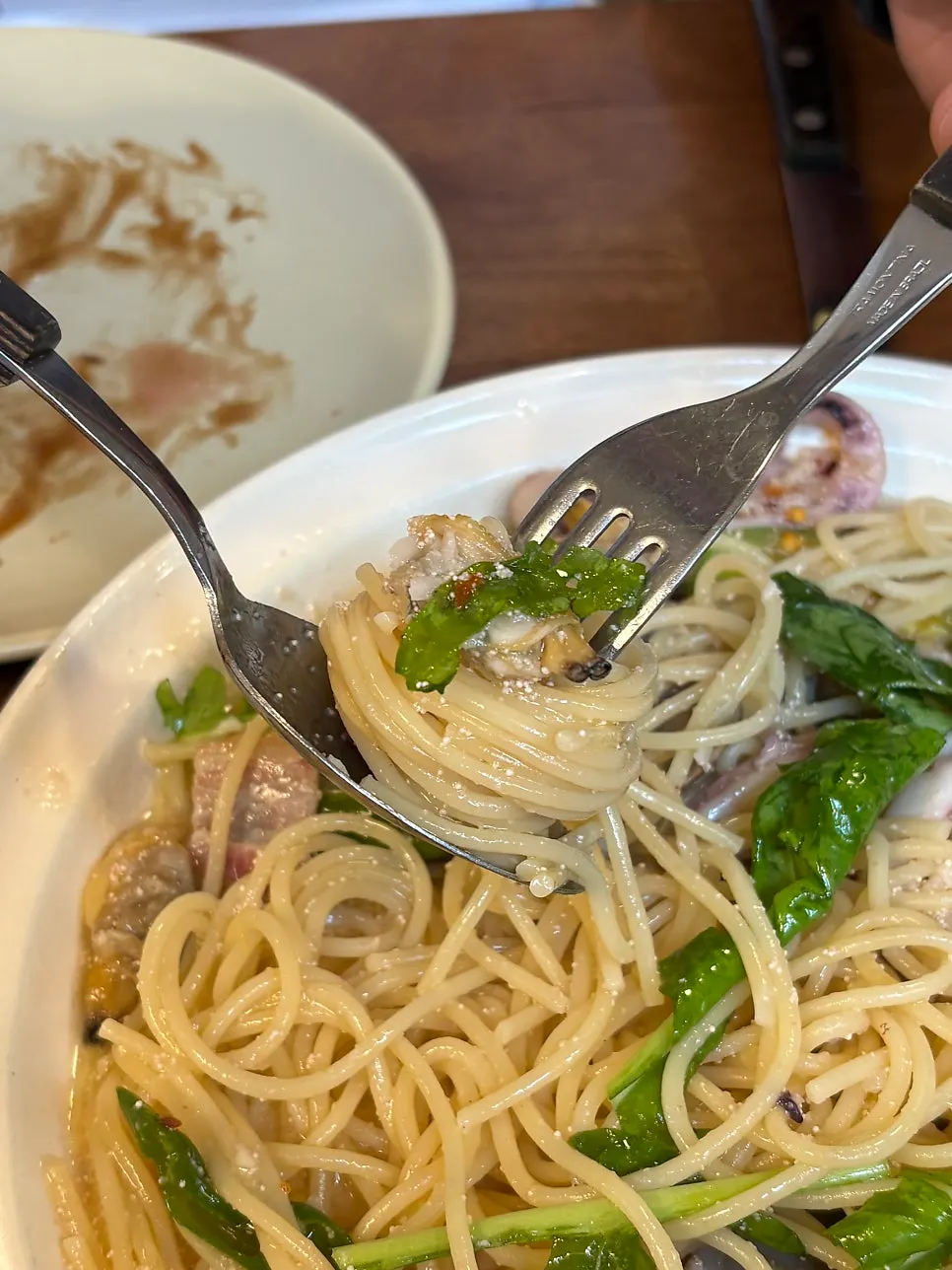 Pollock roe pasta noodles twirled on a fork