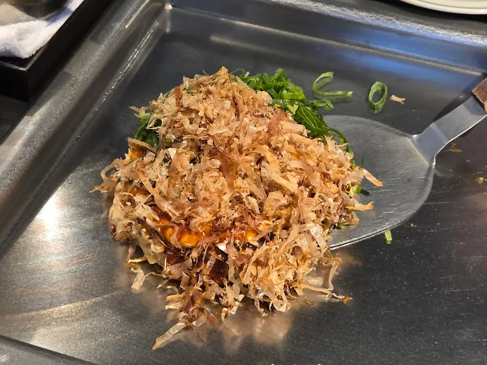 Classic okonomiyaki loaded with meat and seafood