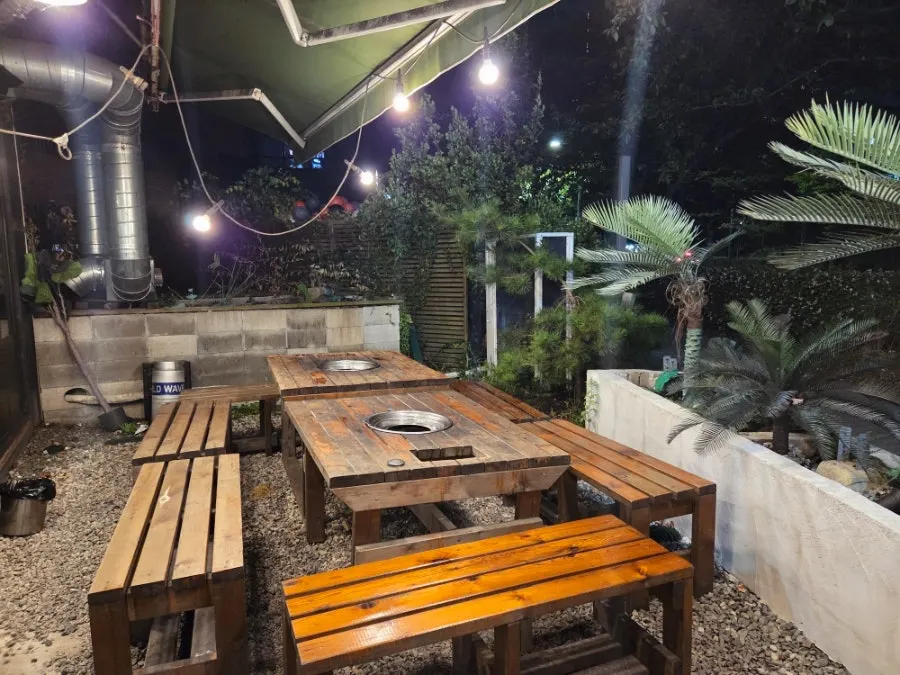 The terrace at night with lighting and palm trees