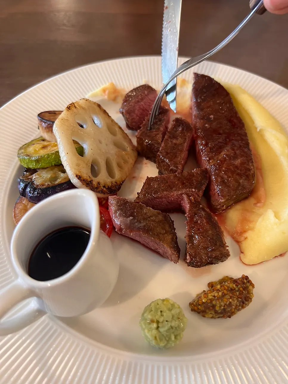 House steak with mashed potato and grilled vegetables