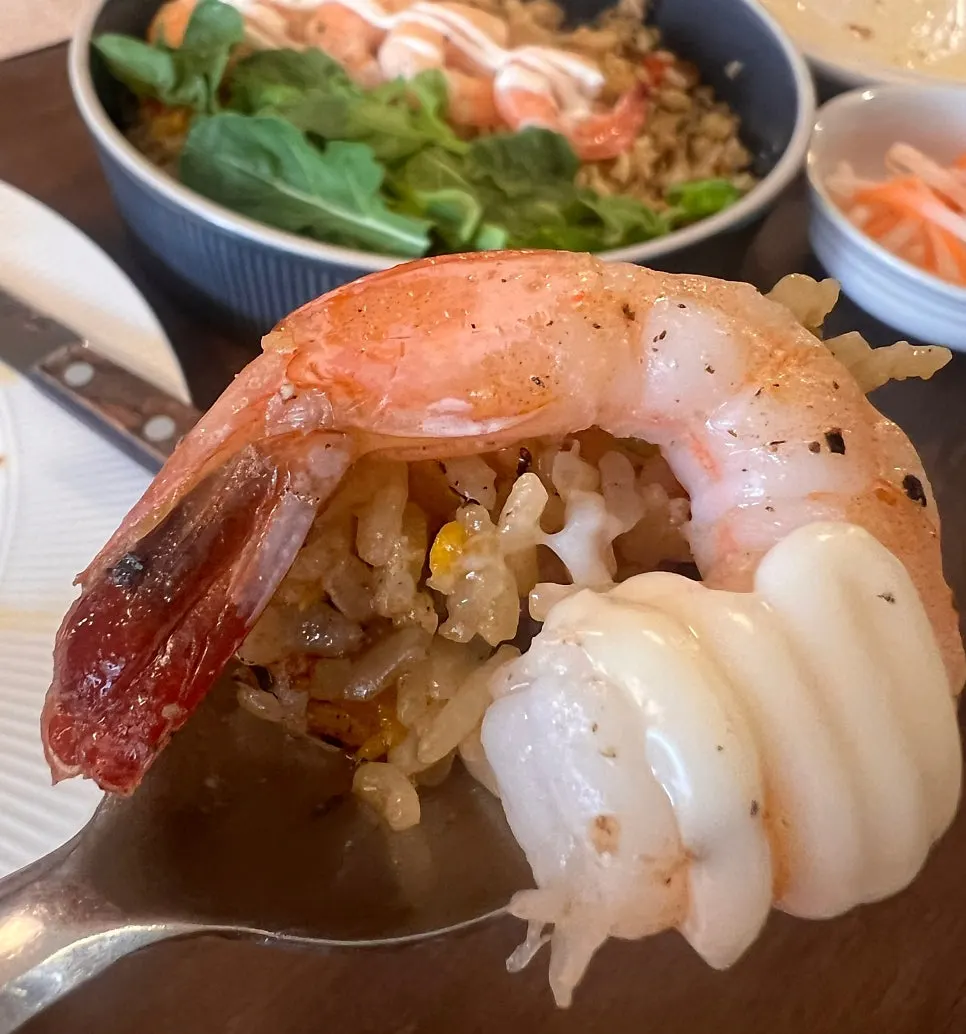 A spoonful of shrimp pilaf with sauce