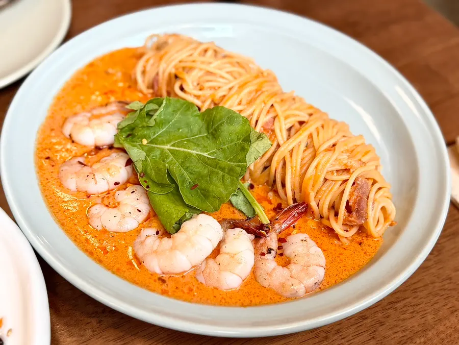 Shrimp rosé pasta topped with plump shrimp