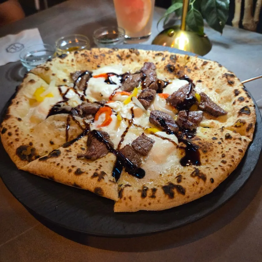 Wood-fired pizza with Korean beef and buffalo mozzarella