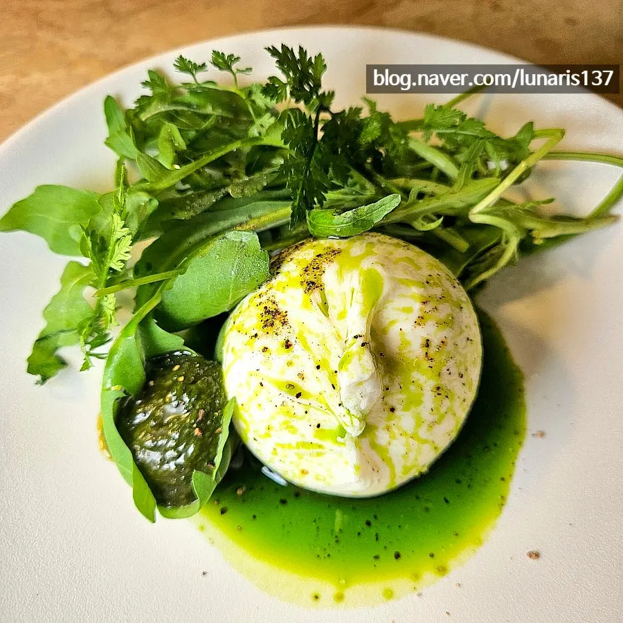 Burrata plate served with arugula and pesto