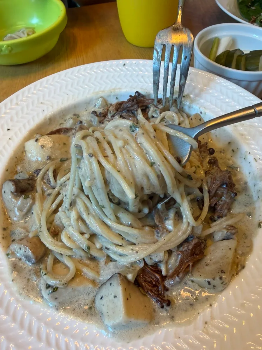 Noodles lifted from the mushroom cream pasta