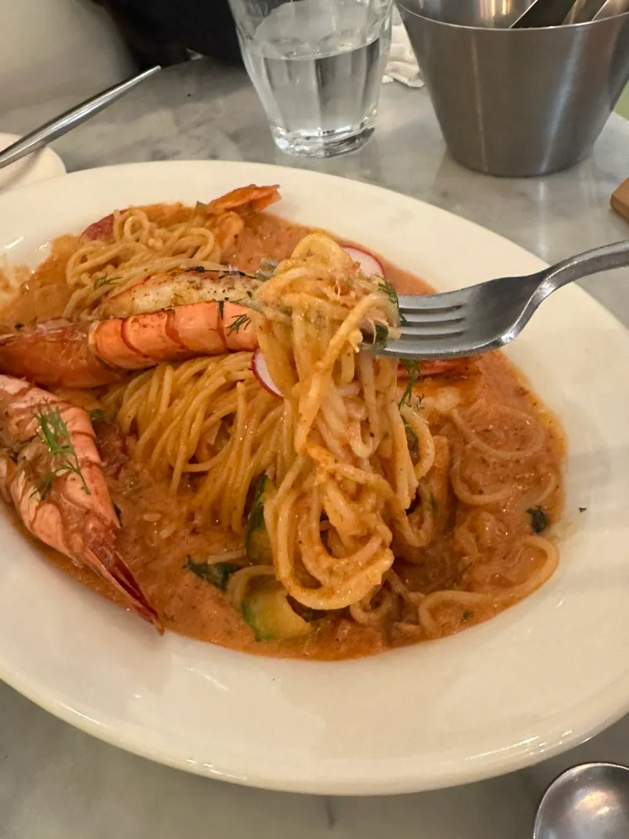Thin noodles coated in rosé sauce