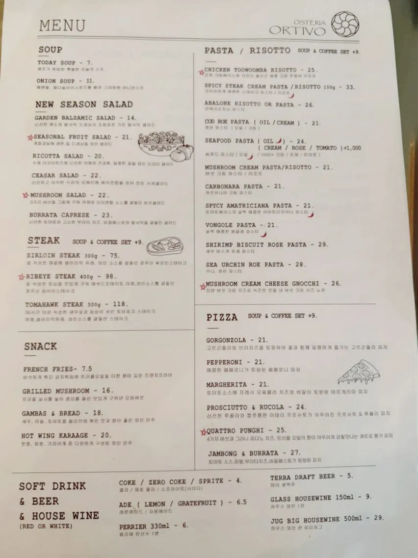 À la carte menu board listing pasta, pizza, and steak