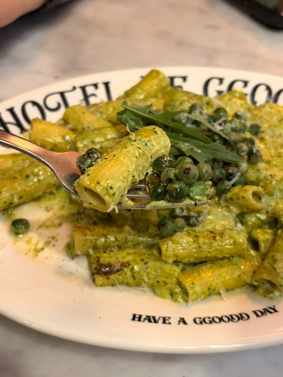 Close-up of sauce-coated rigatoni noodles
