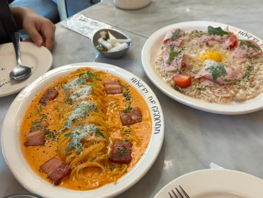 Wide shot of the pasta table setting at Hôtel de Couture