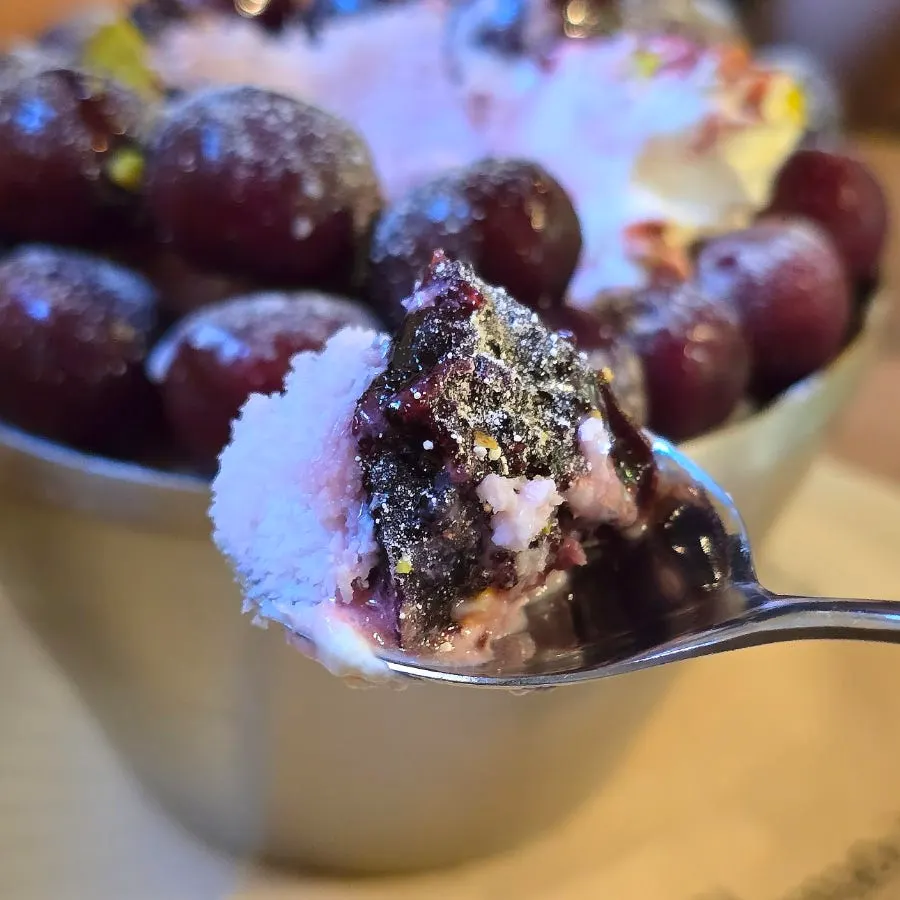 Close-up of the house-made cherry compote on the bingsu