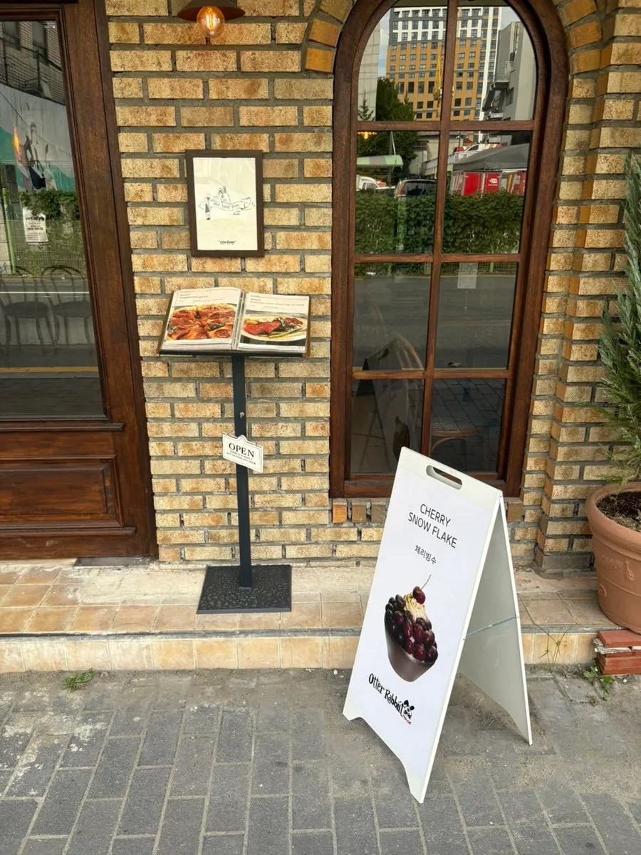Cherry bingsu standee placed at the entrance