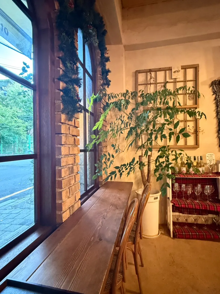 Window seat with a view of green trees