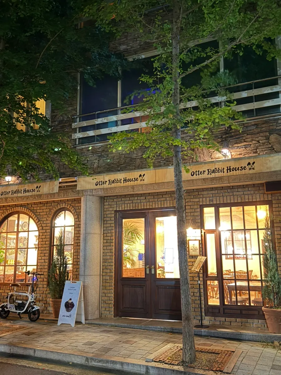 Night view outside the café resembling a European night street