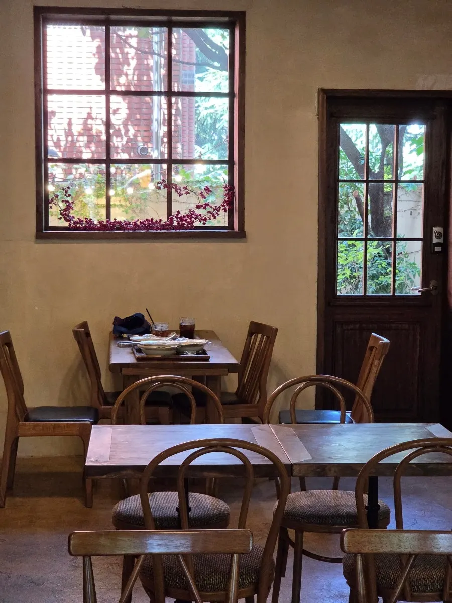 Café interior lit with warm bulb lighting