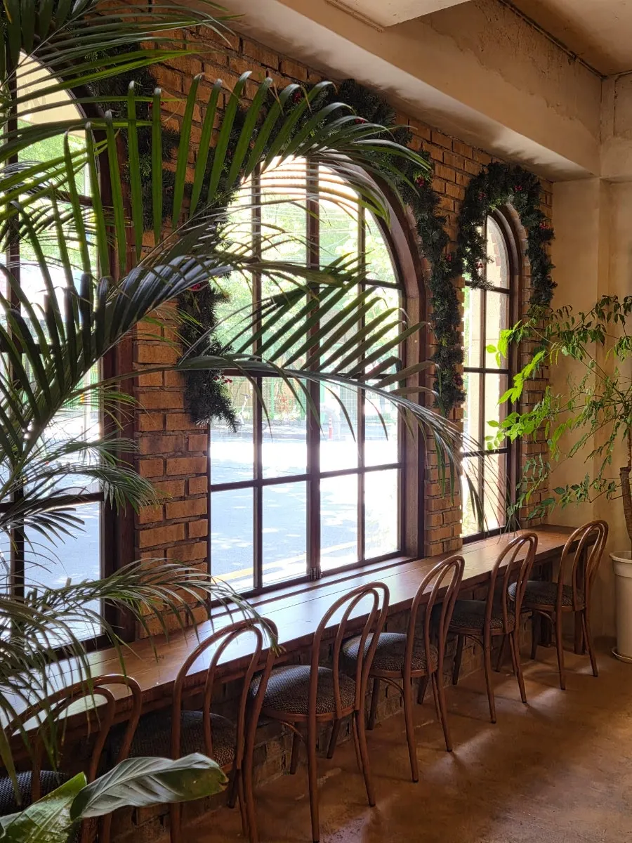 Café seating with wooden tables