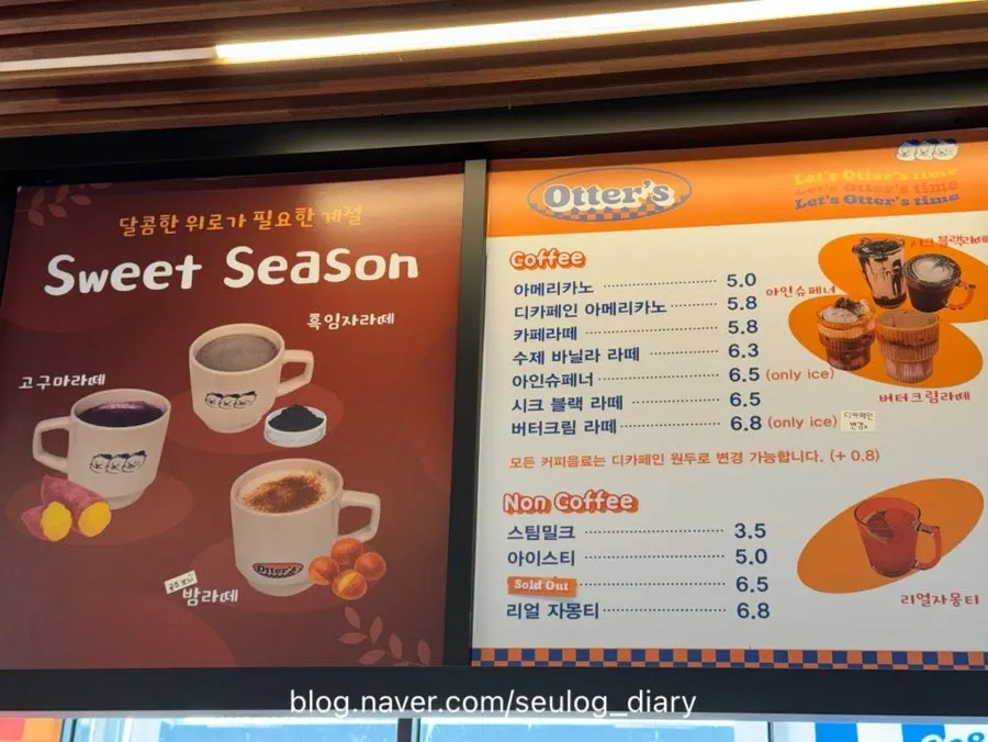 Drink menu board at Otters bakery café