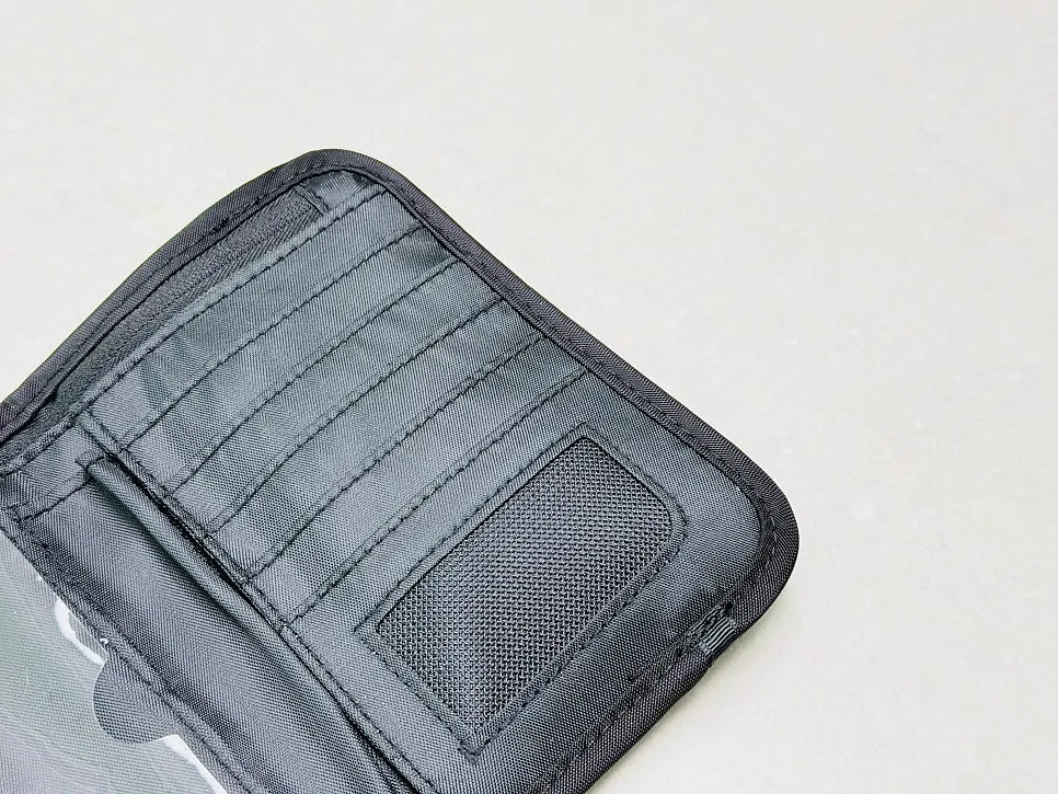 Wallet compartments separating passports, coins, cards, and more
