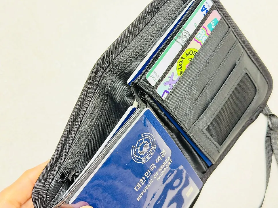 Passport wallet secured with an elastic band after holding passports and cards