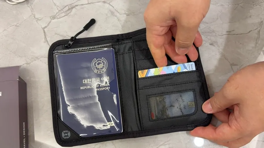 Inside of a passport case with separate storage for cards and ID