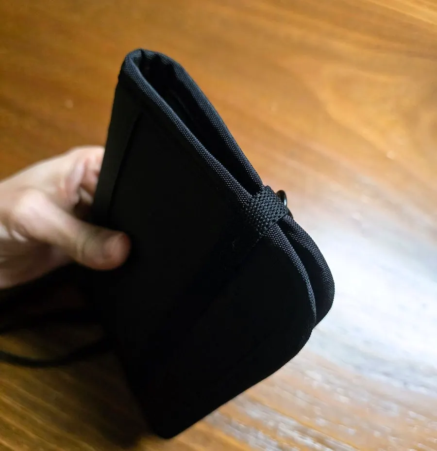 Passport wallet closed with an elastic band after filling it