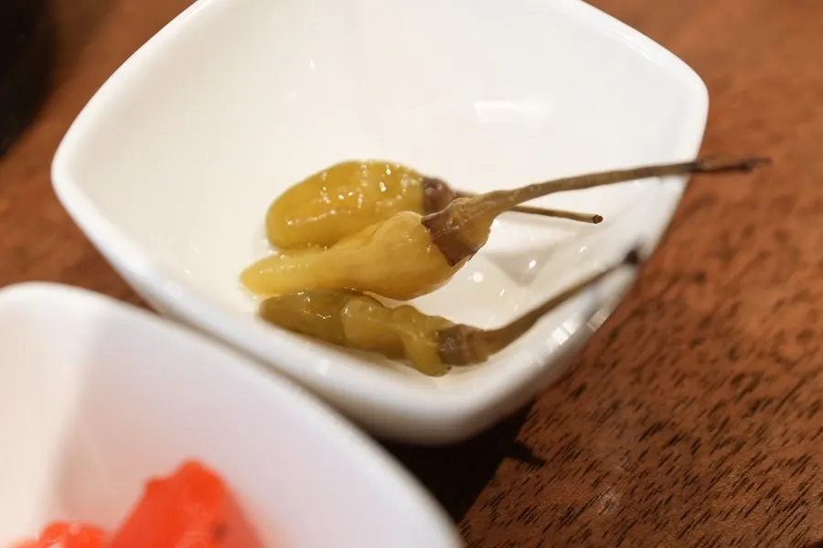 Basic banchan of pickled radish and pickled chili