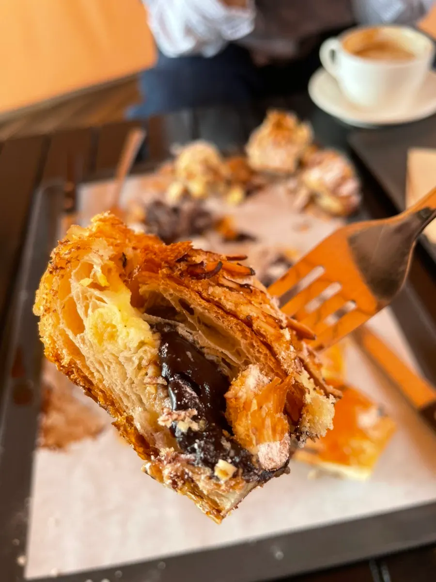 Cross-section of the chocolate-filled almond croissant