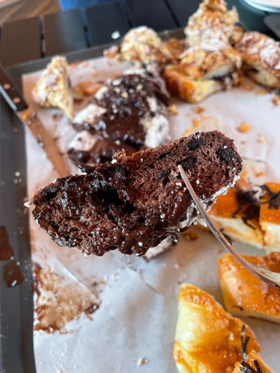 Valrhona choco baguette covered in chocolate chip topping