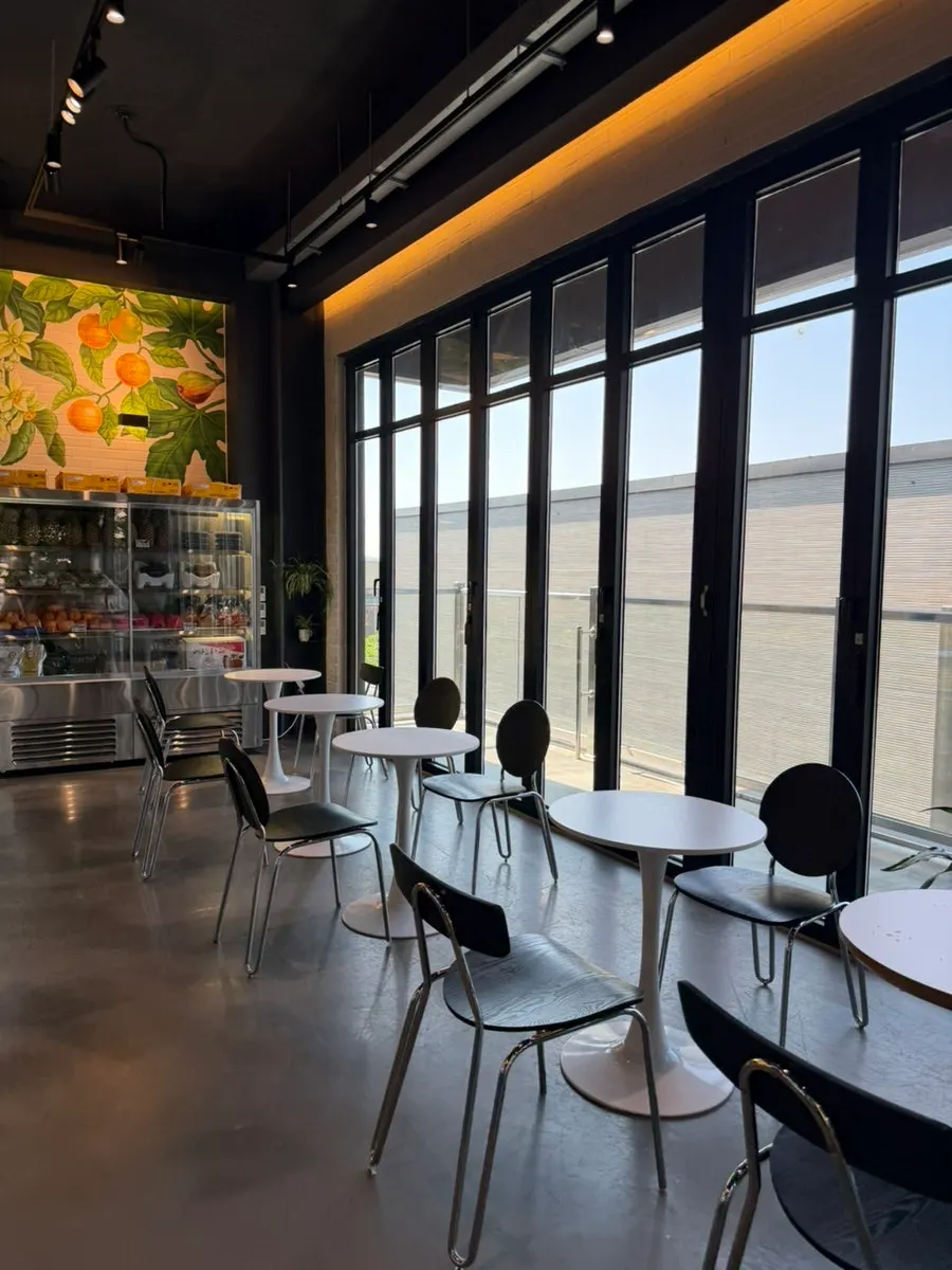 Seating area near the wall with the rabbit illustration