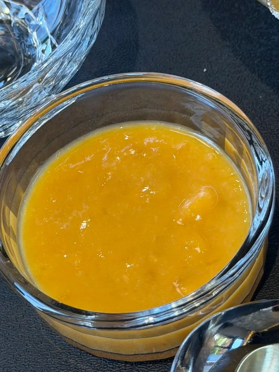 Overhead view of the fresh mango snow bingsu