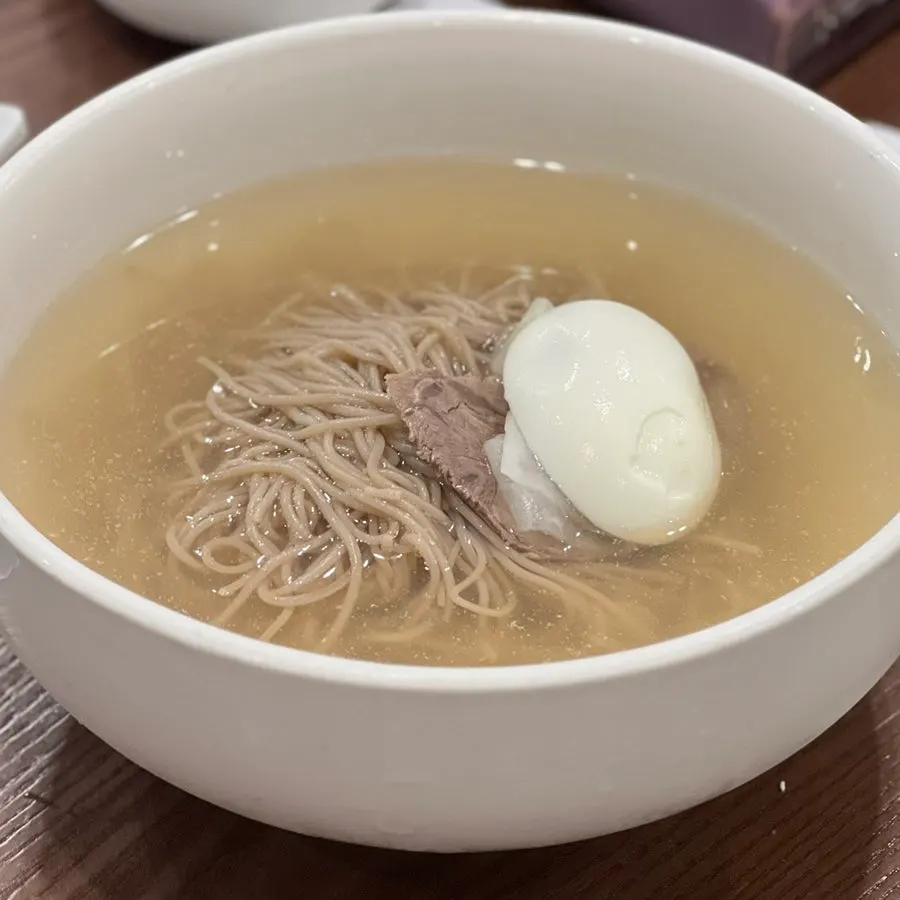 A bowl of Pyeongyang mul-makguksu with toppings
