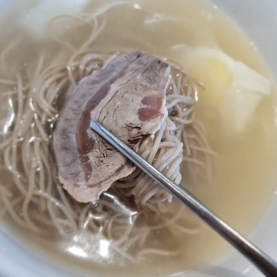 Close-up of the buckwheat noodles in makguksu