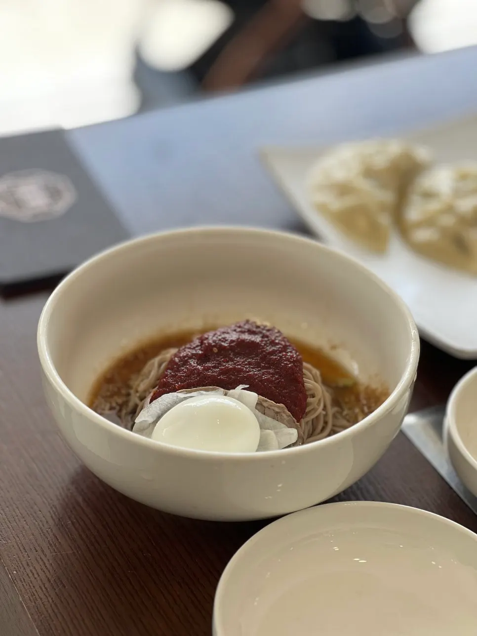 Close-up of buckwheat noodles in Pyeongyang water makguksu