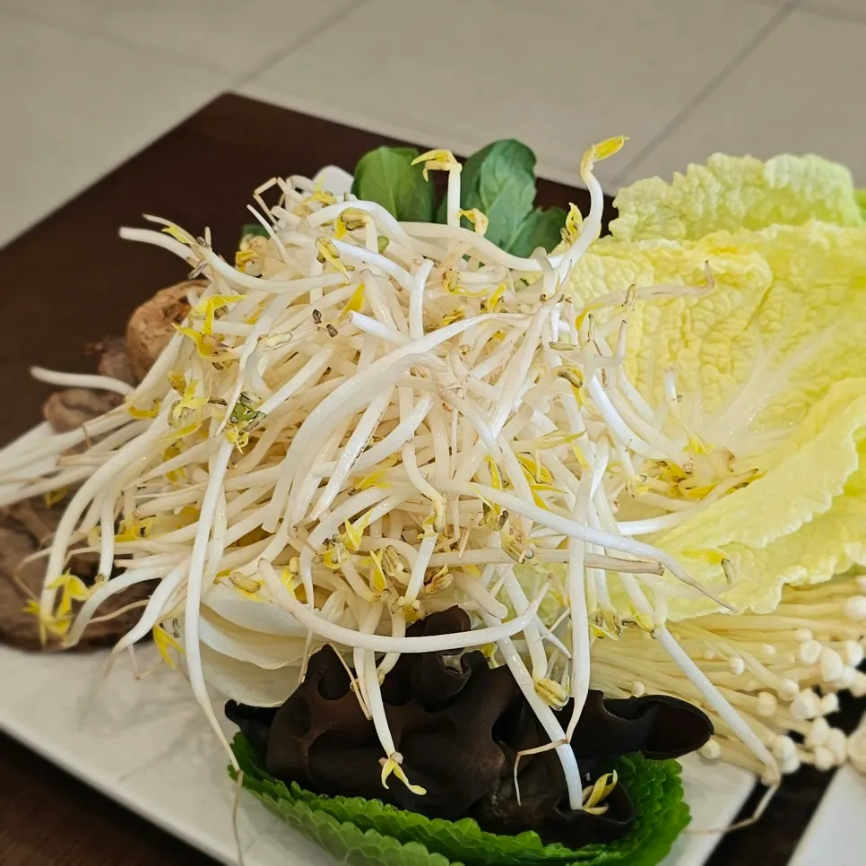 モヤシ・白菜・キノコと肉が盛られた鍋用具材の皿