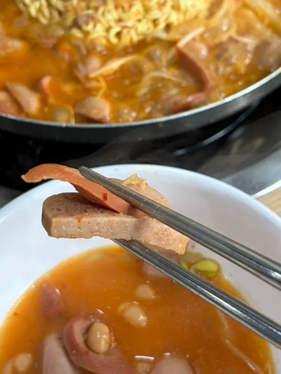 Ramen noodles added to budae jjigae