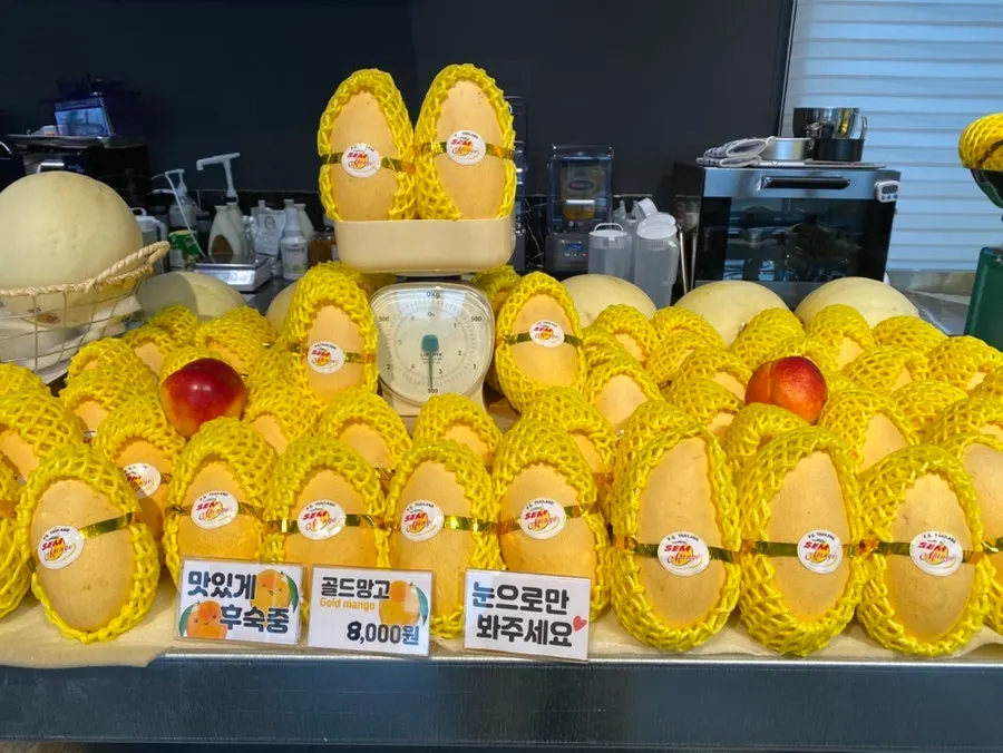 Display stacked with ripening mangoes