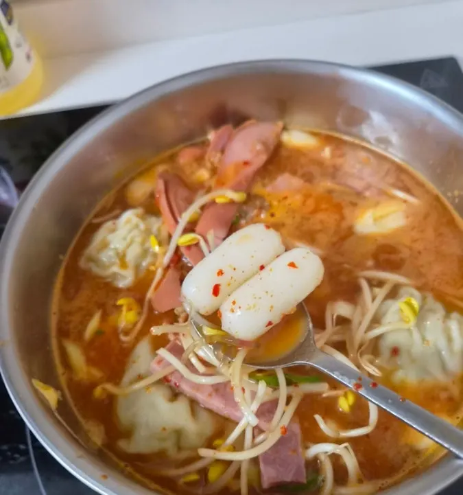 Budae jjigae broth eaten with rice
