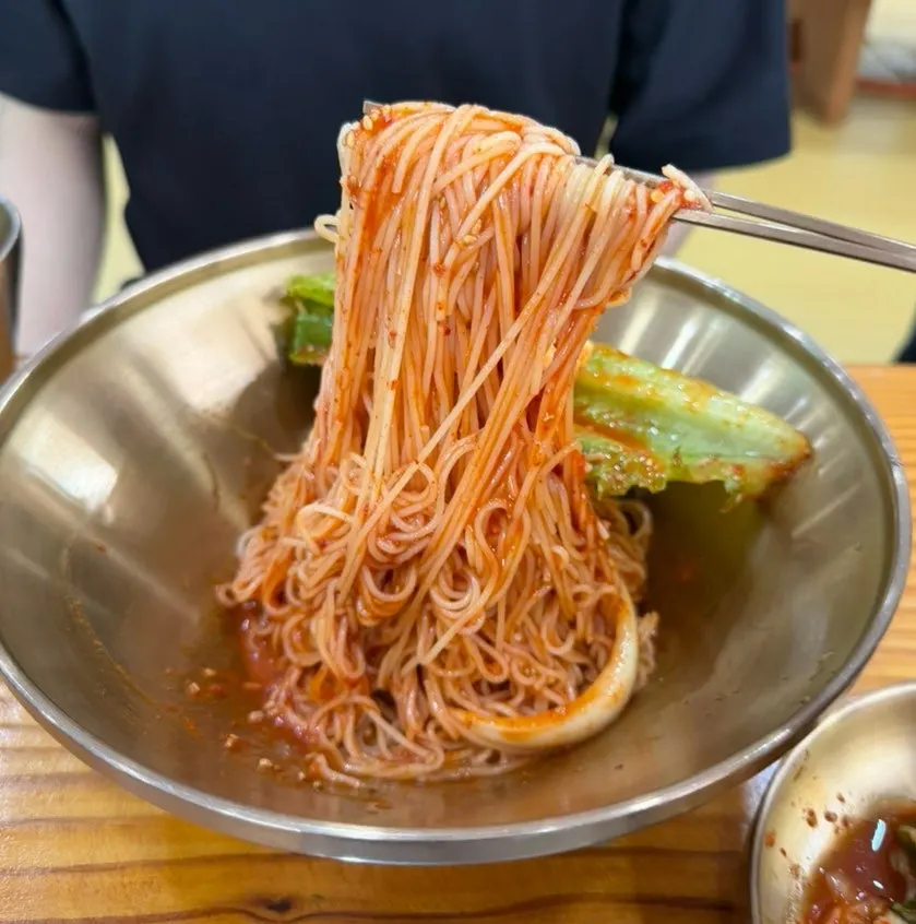 Close-up of bibim guksu noodles
