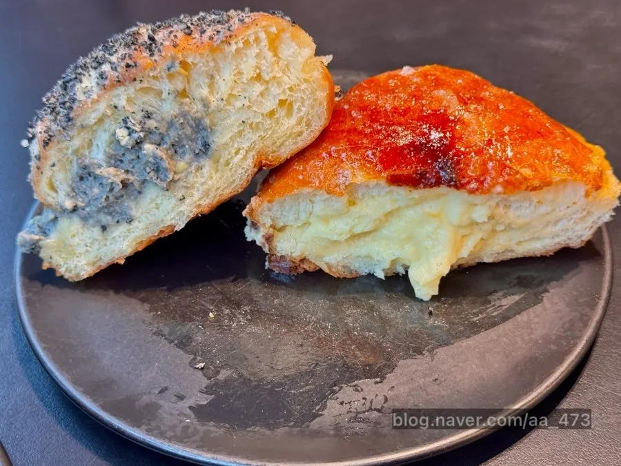 Cross-section of a crème brûlée donut cut in half