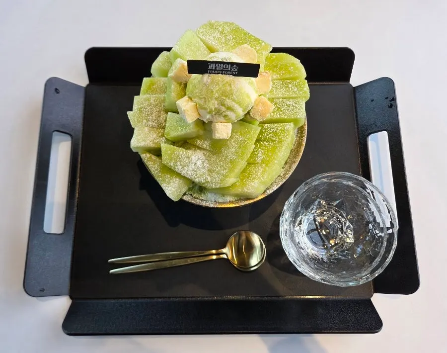 Melon snow bingsu for 2–3 people served on the table